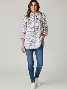 Chico’s Black Script Print Button Down Shirt White NWOT Size 0-S Long Sleeve